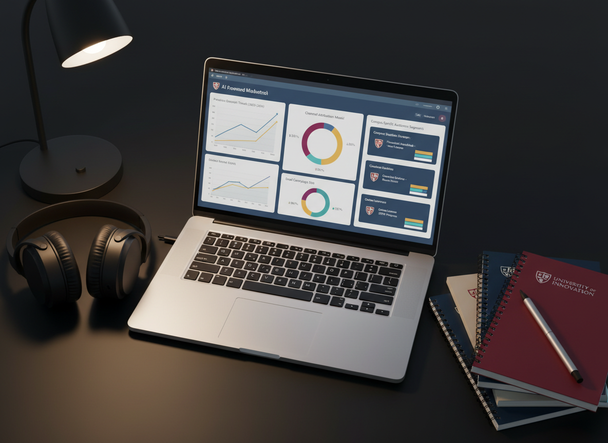 A close-up, overhead photographic view of a high-end laptop on a matte black desk, displaying a sophisticated AI-powered dashboard tailored for higher education marketing. The screen shows predictive enrollment graphs, channel attribution models, and campus-specific audience segments, all in a clean, modern UI with university-themed color accents. Surrounding the laptop are a pair of noise-cancelling headphones, a neatly stacked set of branded notebooks with embossed university logos, and a slim digital pen resting beside them. A single desk lamp with a frosted shade casts soft, focused light across the keyboard, creating subtle highlights on metal edges and gentle shadows around objects. The mood is calm, analytical, and highly professional, emphasizing deep focus and the power of AI-enhanced analytics for smarter higher ed marketing decisions.