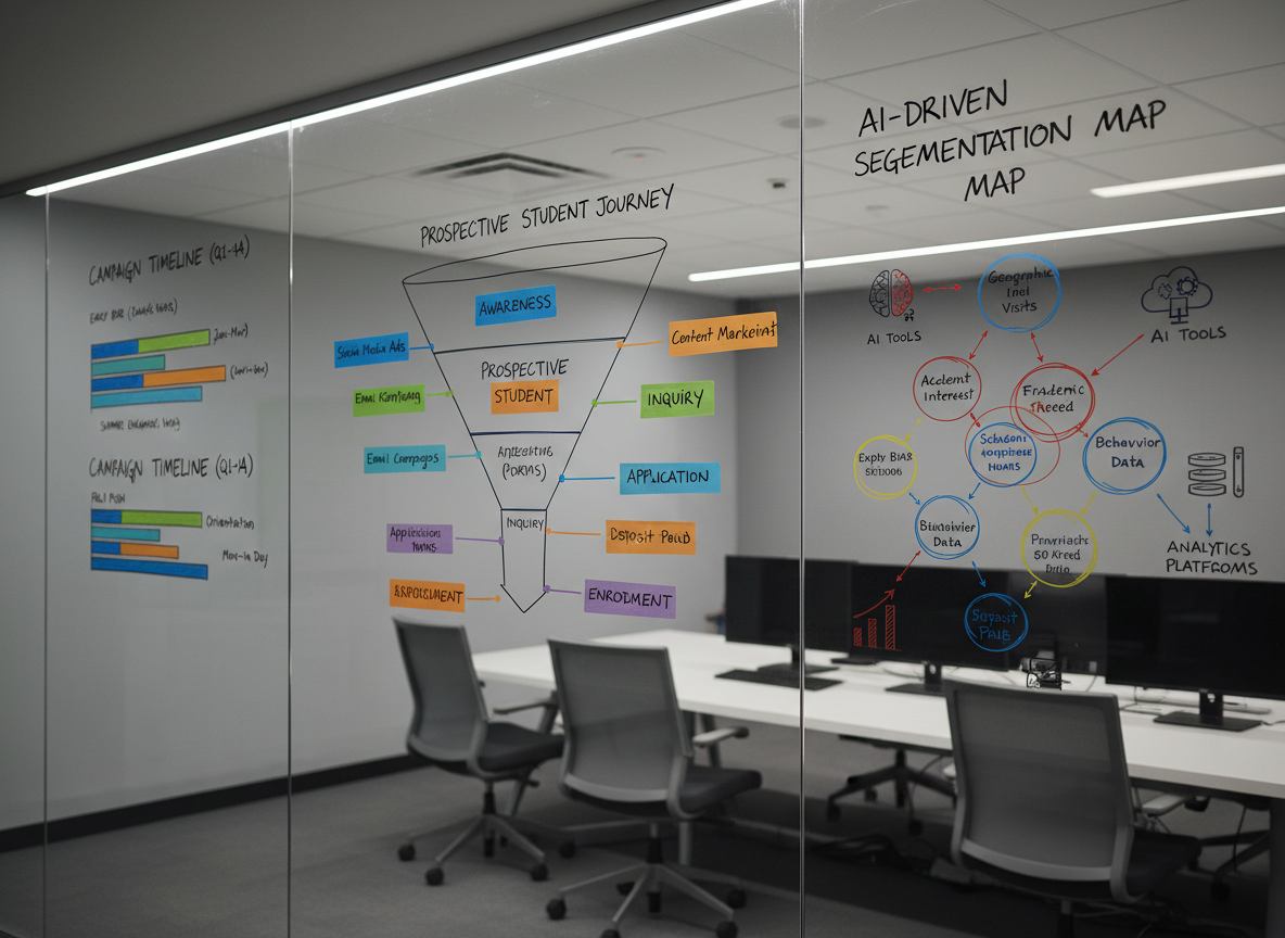 An elegant glass whiteboard wall in a modern higher ed marketing war room, completely free of people, filled with meticulously drawn diagrams of a prospective student funnel, AI-driven segmentation maps, and color-coded campaign timelines. Sticky notes, all neatly placed, label stages like awareness, inquiry, application, and enrollment, alongside icons representing AI tools, CRM systems, and analytics platforms. A slim LED strip above casts even, cool light, making the ink lines crisp and legible, while a subtle reflection of nearby computer monitors glows on the glass surface. Photographic realism from a slight side angle, with a shallow depth of field that keeps the central funnel design sharp and the edges softly blurred. The atmosphere feels analytical, innovative, and focused on strategic higher ed marketing planning.