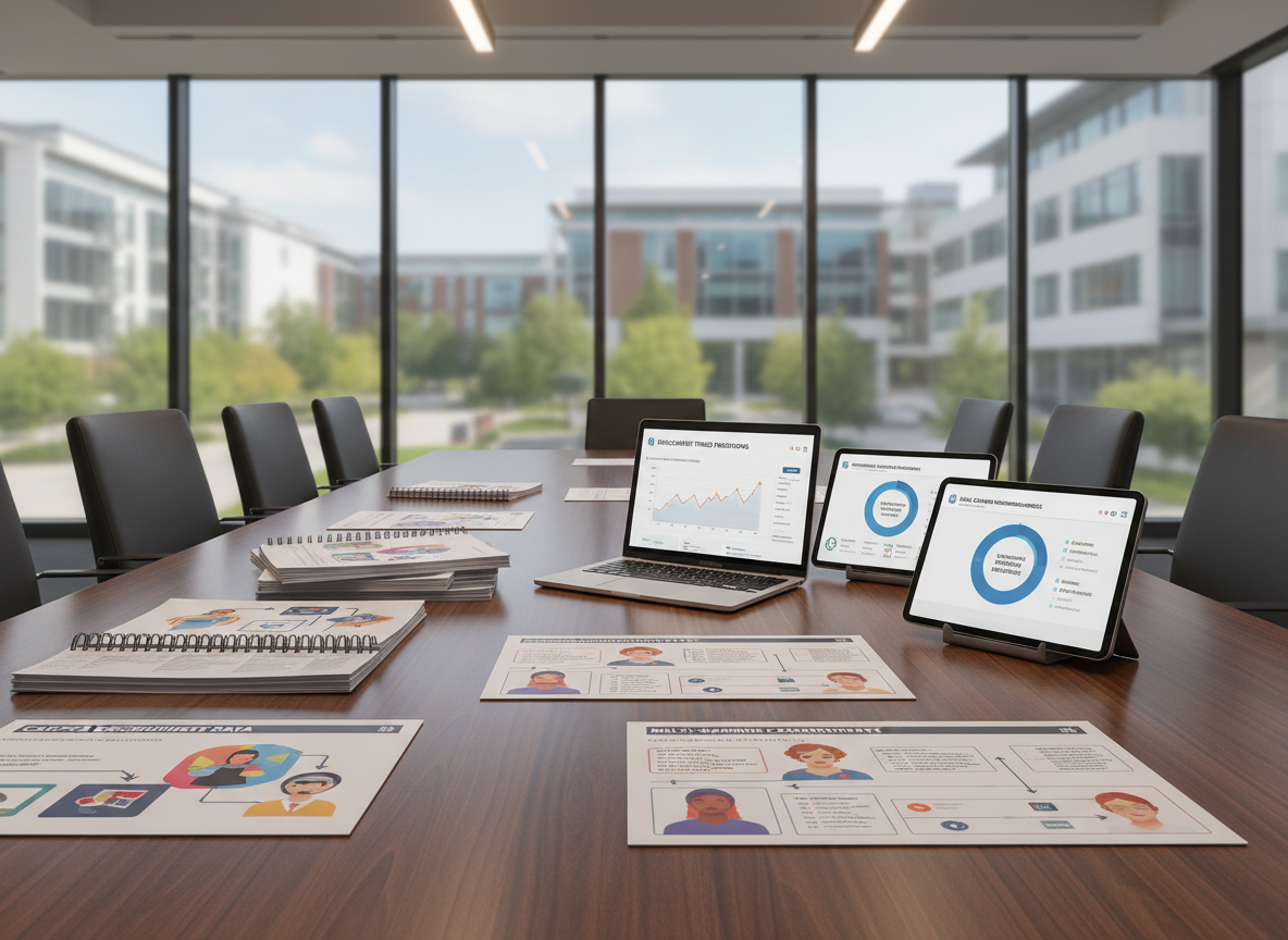 A polished wooden conference table in a contemporary university marketing office, with no people present, covered in neatly arranged printed reports of campus recruitment data, AI-generated persona profiles, and multi-channel campaign flowcharts. A slim laptop displays an AI dashboard predicting enrollment trends, while nearby tablets show segmented student journeys and email performance metrics. Large windows reveal an abstract blur of campus buildings outside. Soft daylight mixes with subtle recessed ceiling lights, casting clean, professional shadows. Shot at eye-level with a balanced composition, photographic realism emphasizes textures of paper, metal, and glass. The mood is strategic, organized, and forward-thinking, highlighting how AI, marketing, and analytics integrate to optimize results and reduce spend for higher education institutions.